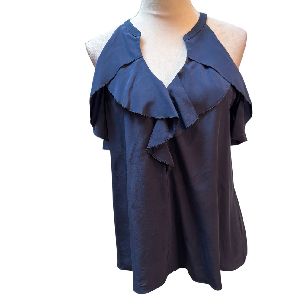 Lilly Pulitzer Women M Solid Navy Blue Silk‎ Ruffle Halter Top Preppy Loose Fit